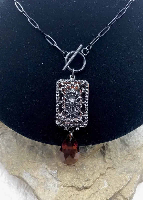 Vintage Gun Metal Necklace with Crystal Drop
