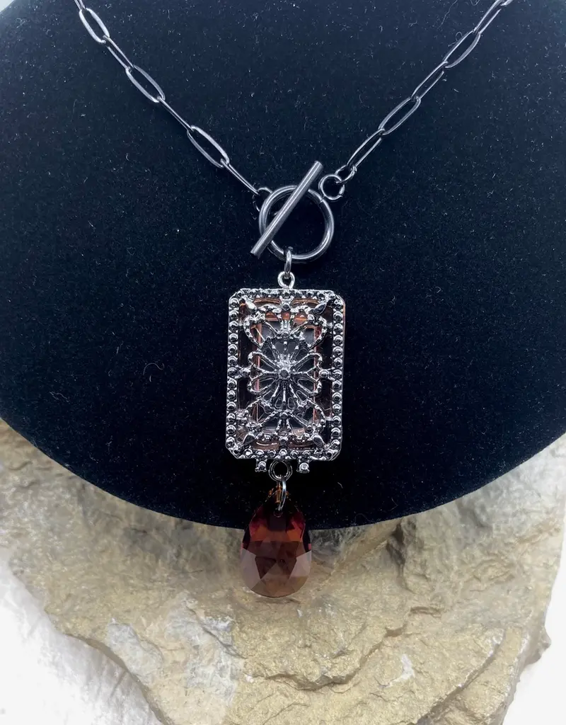 Vintage Gun Metal Necklace with Crystal Drop