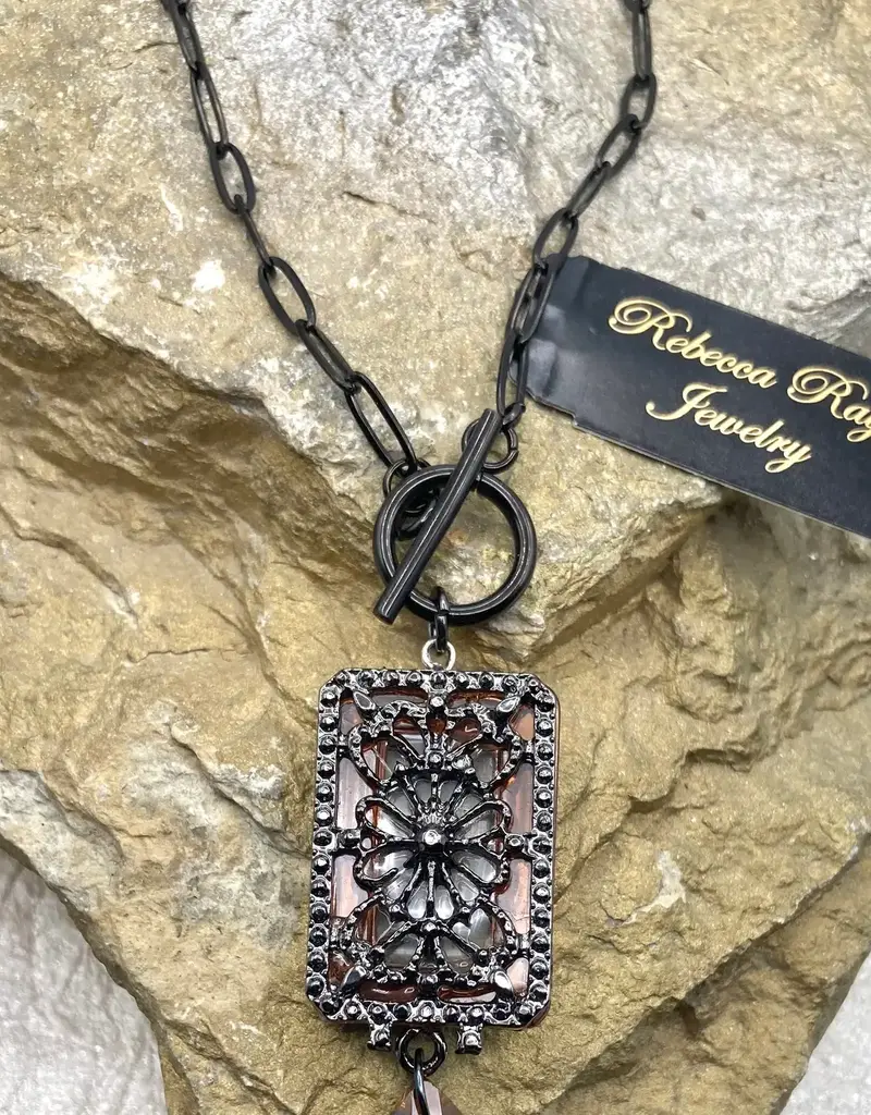 Vintage Gun Metal Necklace with Crystal Drop