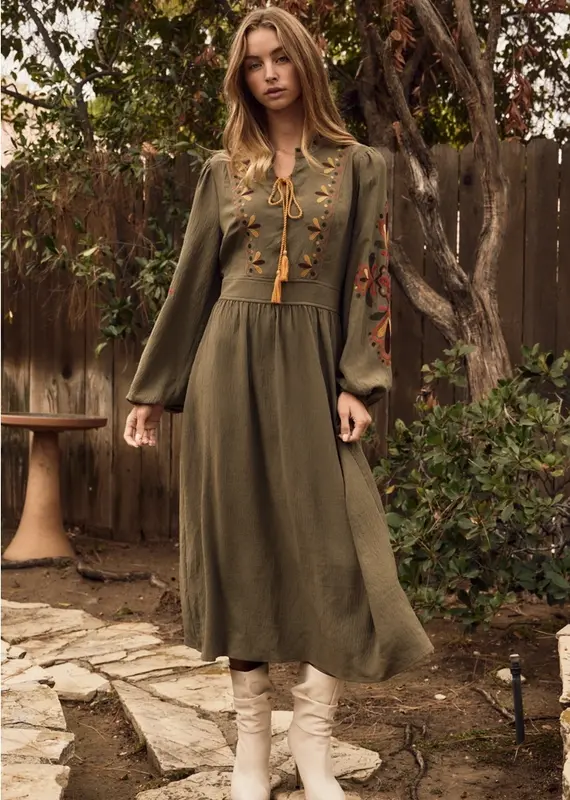 Midi Dress With Embroidered Detail on Front & Sleeves