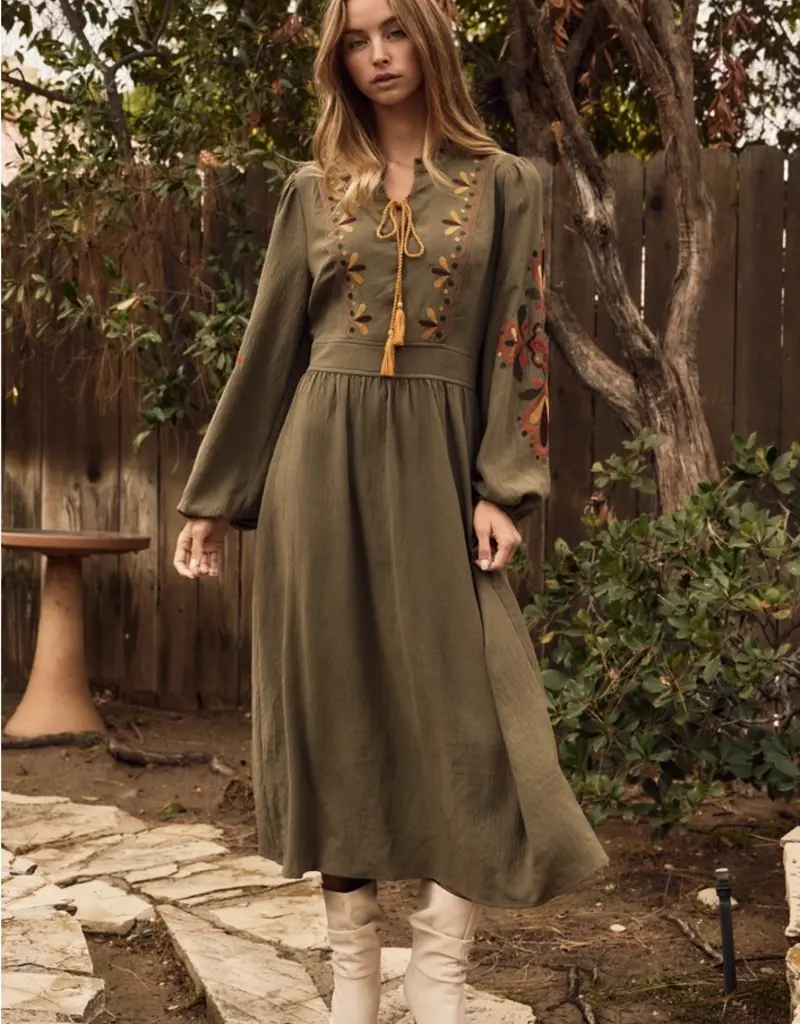 Midi Dress With Embroidered Detail on Front & Sleeves