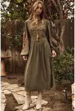 Midi Dress With Embroidered Detail on Front & Sleeves