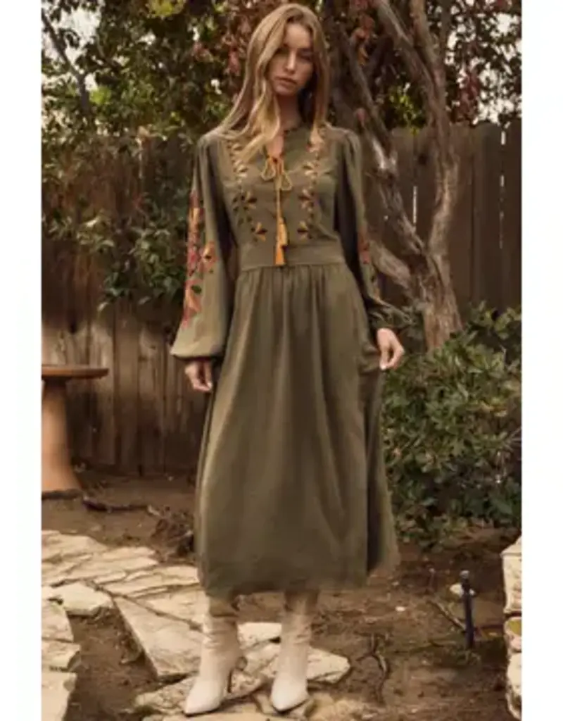 Midi Dress With Embroidered Detail on Front & Sleeves