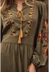 Midi Dress With Embroidered Detail on Front & Sleeves