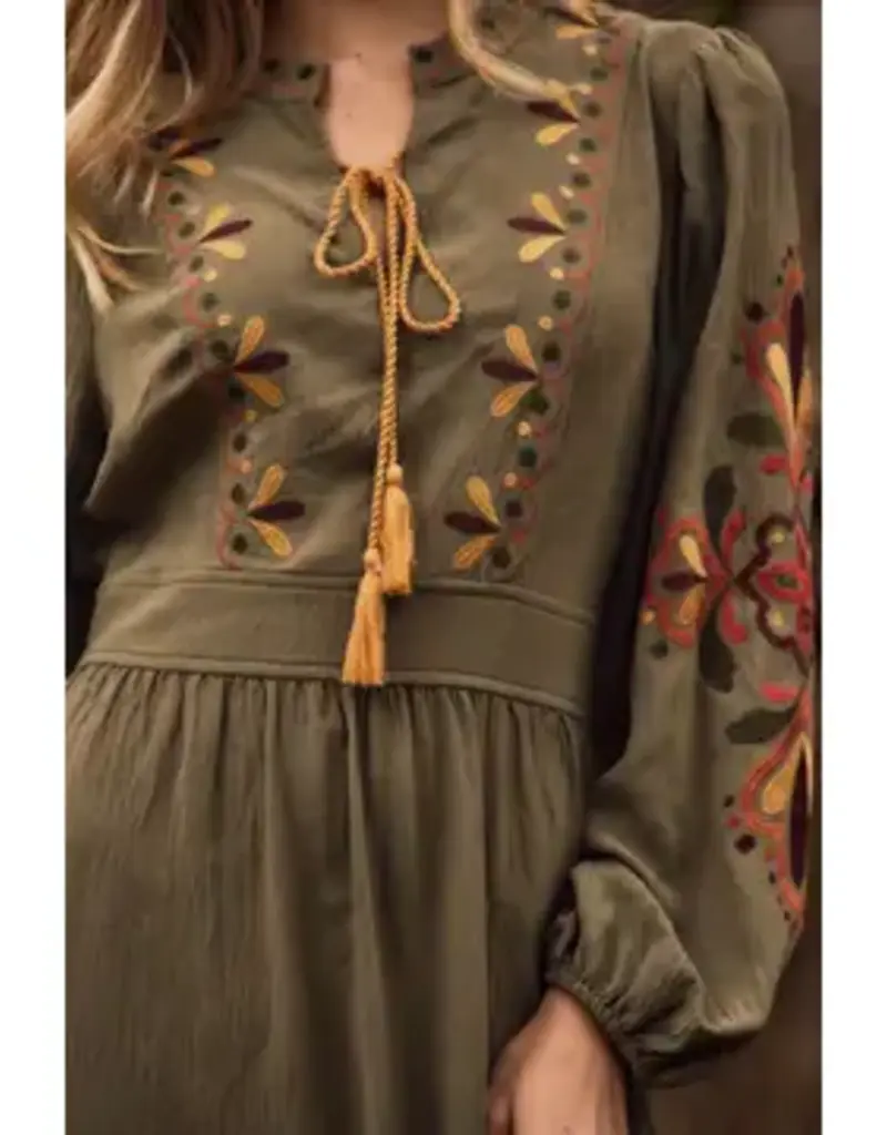 Midi Dress With Embroidered Detail on Front & Sleeves