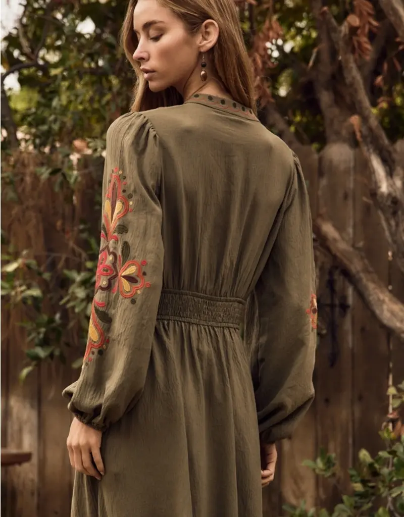 Midi Dress With Embroidered Detail on Front & Sleeves