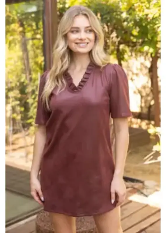 Rebecca Ruffled V-Neck Solid Faux Leather Dress