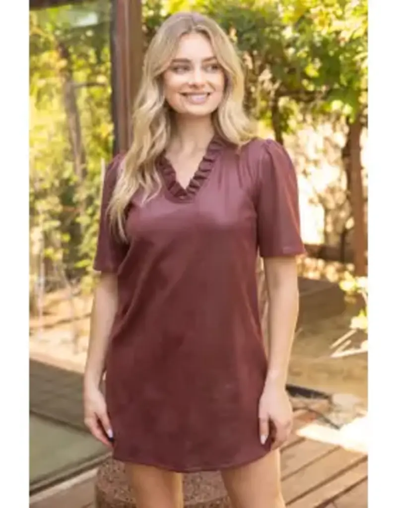 Rebecca Ruffled V-Neck Solid Faux Leather Dress