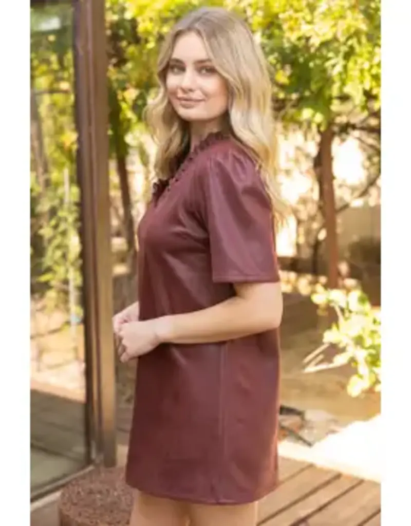 Rebecca Ruffled V-Neck Solid Faux Leather Dress