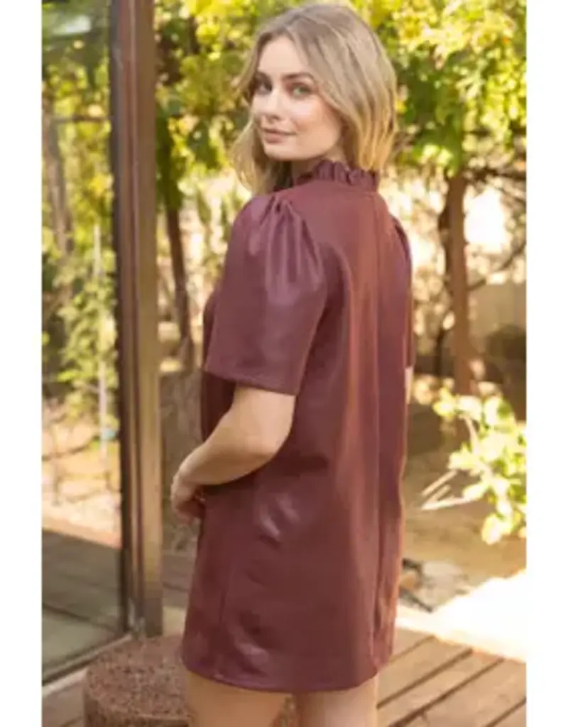 Rebecca Ruffled V-Neck Solid Faux Leather Dress