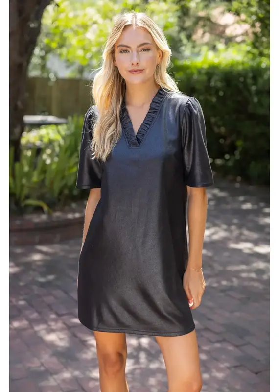 Rebecca Ruffled V-Neck Solid Faux Leather Dress