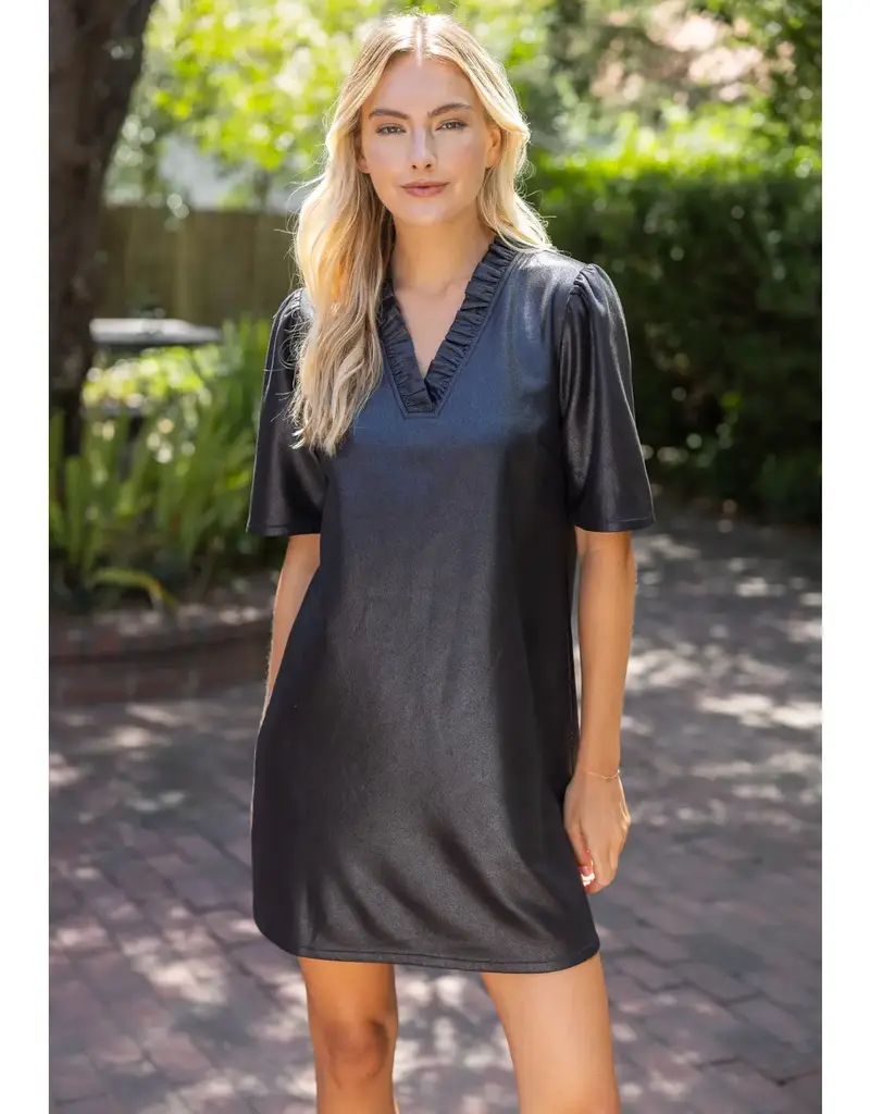 Rebecca Ruffled V-Neck Solid Faux Leather Dress