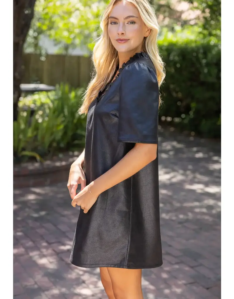 Rebecca Ruffled V-Neck Solid Faux Leather Dress