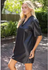 Rebecca Ruffled V-Neck Solid Faux Leather Dress
