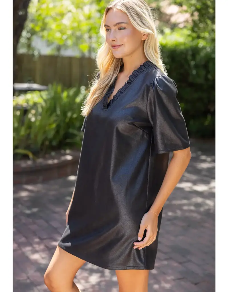 Rebecca Ruffled V-Neck Solid Faux Leather Dress