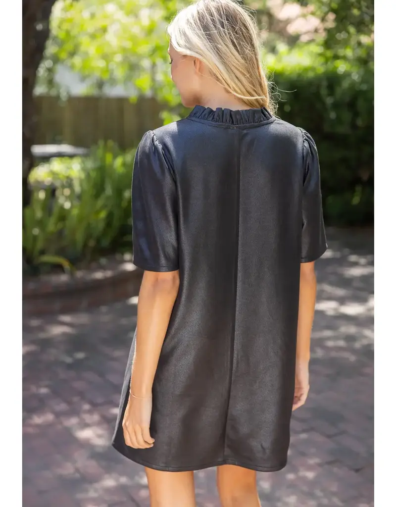 Rebecca Ruffled V-Neck Solid Faux Leather Dress