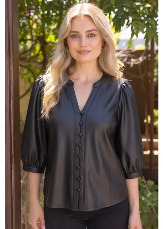 Lainey 3/4 Sleeve Solid Faux Leather Top