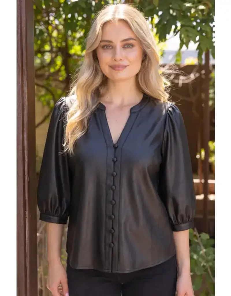 Lainey 3/4 Sleeve Solid Faux Leather Top