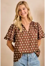 Dana Polka Dot Printed Woven Ruffled V Neck Top