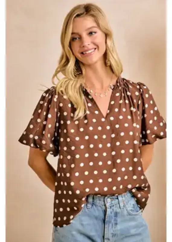 Dana Polka Dot Printed Woven Ruffled V Neck Top
