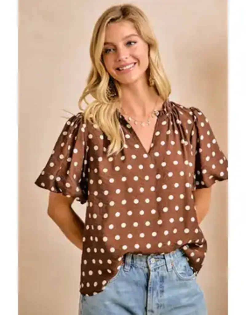 Dana Polka Dot Printed Woven Ruffled V Neck Top