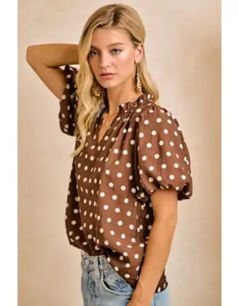 Dana Polka Dot Printed Woven Ruffled V Neck Top