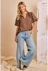 Dana Polka Dot Printed Woven Ruffled V Neck Top