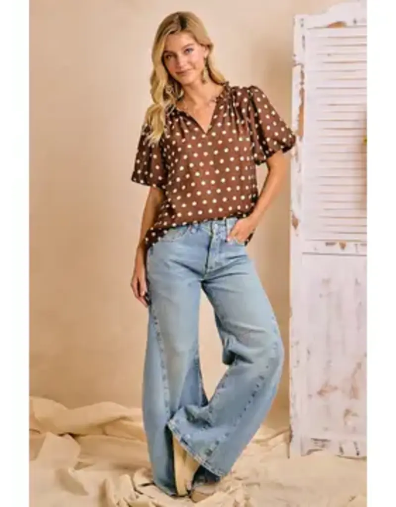 Dana Polka Dot Printed Woven Ruffled V Neck Top