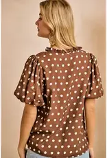 Dana Polka Dot Printed Woven Ruffled V Neck Top