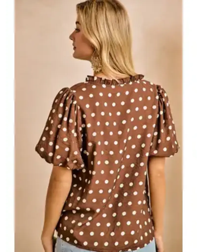 Dana Polka Dot Printed Woven Ruffled V Neck Top