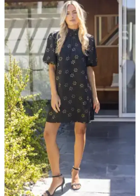 High Neck Tie Back Metallic Floral Print Dress