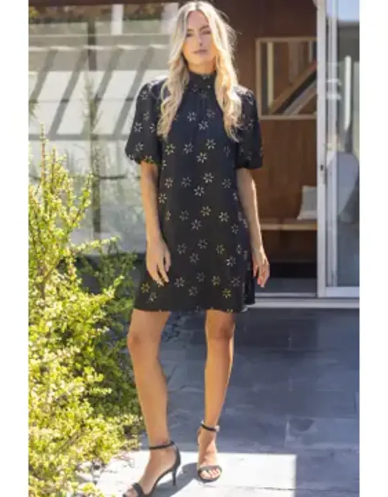 High Neck Tie Back Metallic Floral Print Dress
