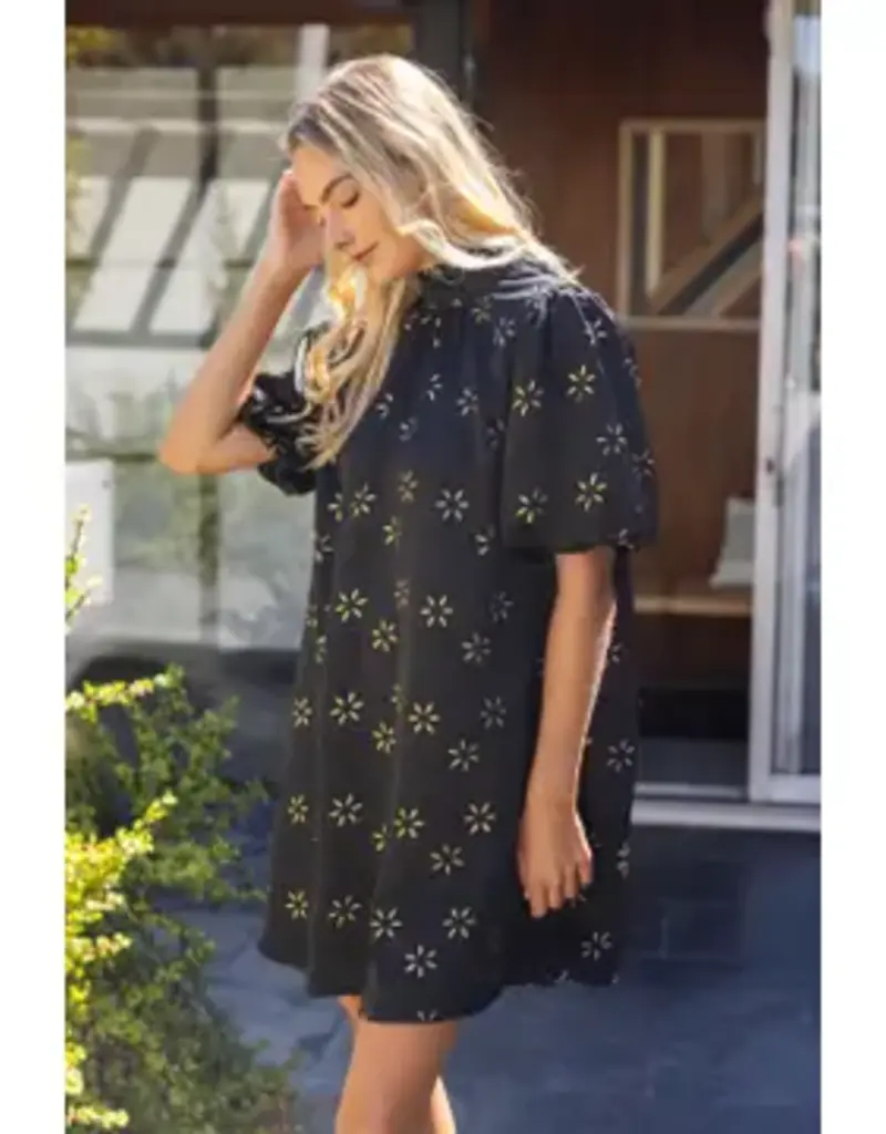 High Neck Tie Back Metallic Floral Print Dress