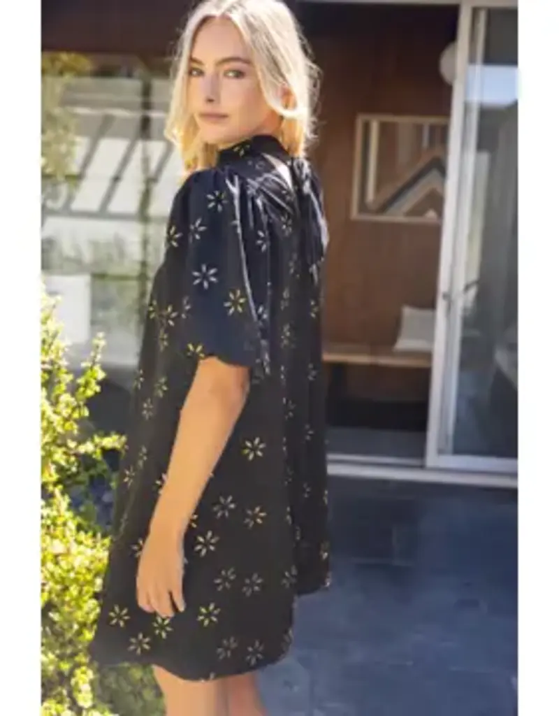 High Neck Tie Back Metallic Floral Print Dress
