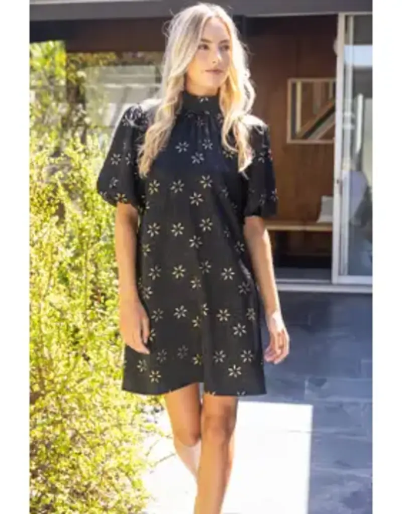 High Neck Tie Back Metallic Floral Print Dress