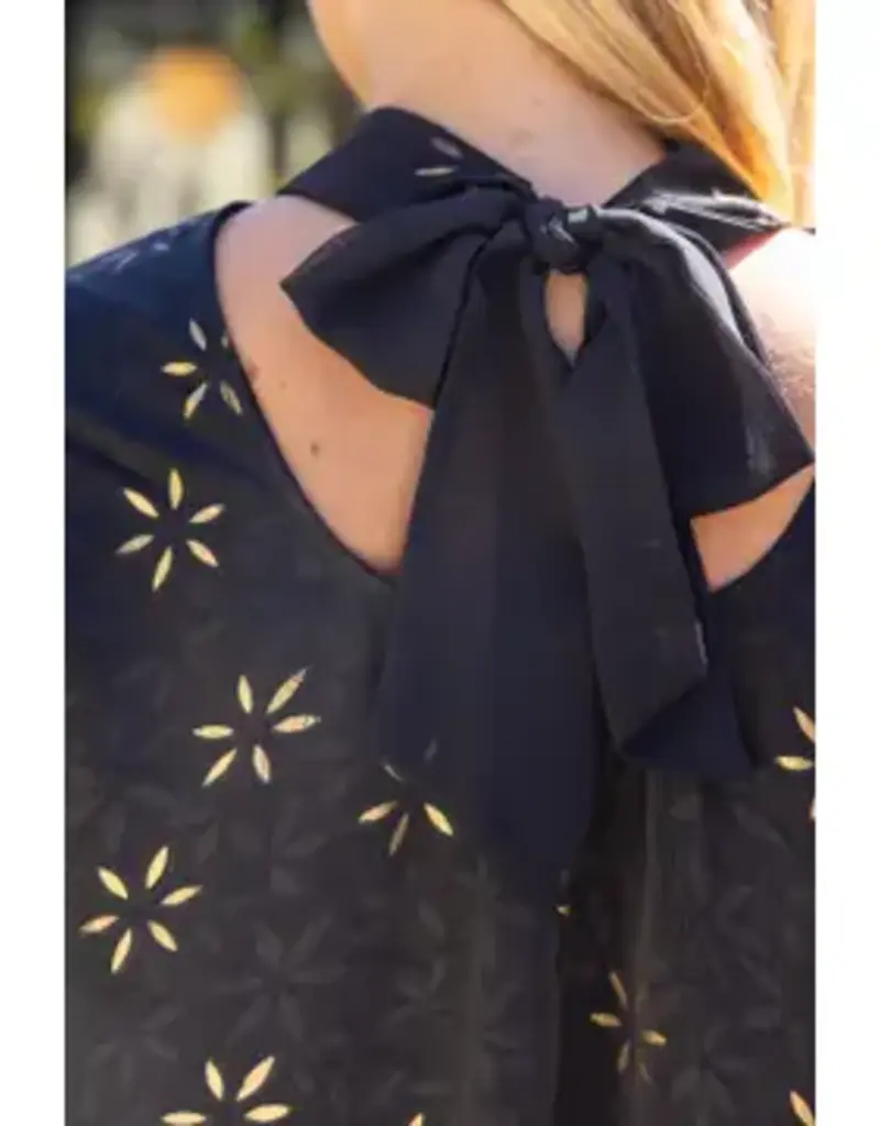 High Neck Tie Back Metallic Floral Print Dress