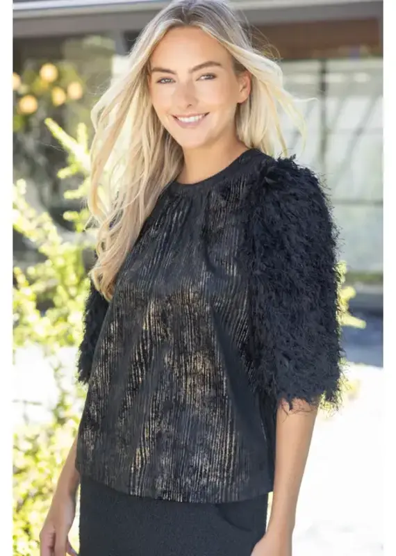 Textured Feathered Sleeve Metallic Stripe Top