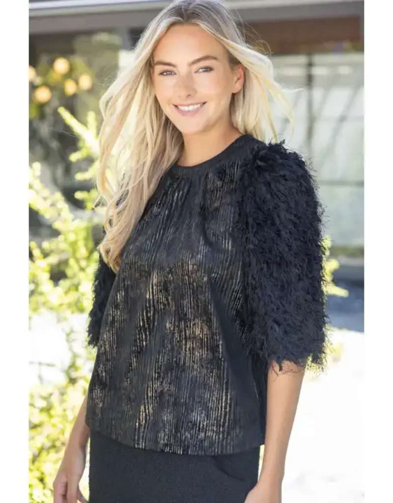 Textured Feathered Sleeve Metallic Stripe Top