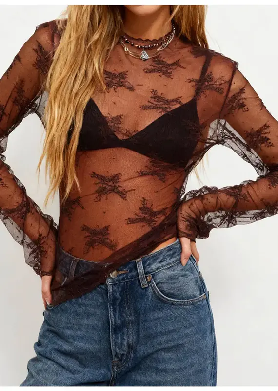 Lux Layering Floral Lace Mesh Top - Colors: Brown, Butter, Black, Tan, Burgundy, Mustard