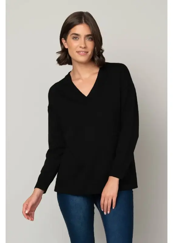 Jessica Jersey Stitch V-Neck Sweater - Colors: Black & Charcoal Heather