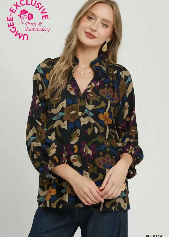 Pamela Floral Print Split Neck Top
