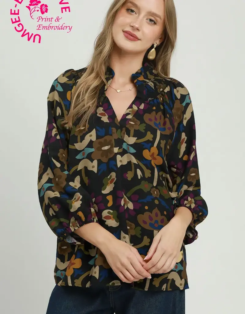 Pamela Floral Print Split Neck Top
