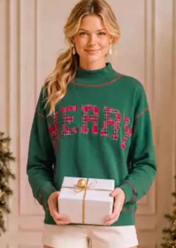 Merry Plaid Patch Holiday Sweatshirt Available in Green & Heather Grey