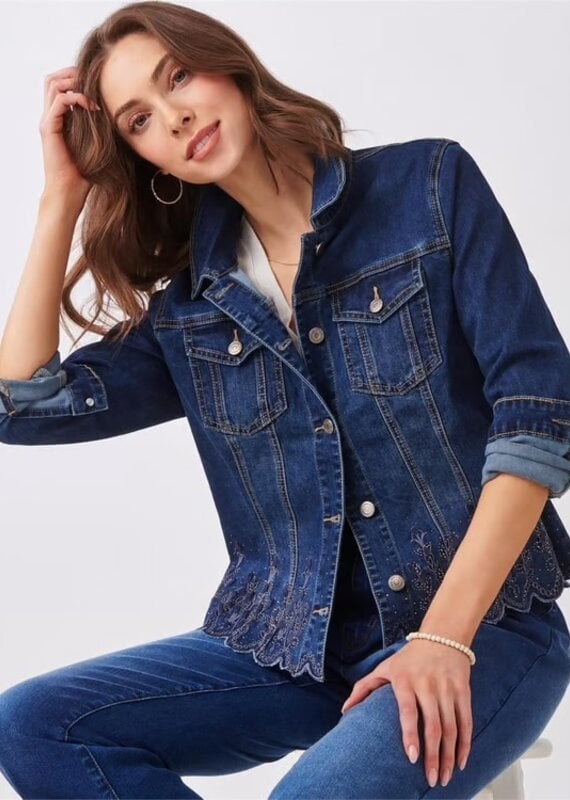 CHARLIE PAIGE Denim Jacket W/Scalloped Embroidery Hem