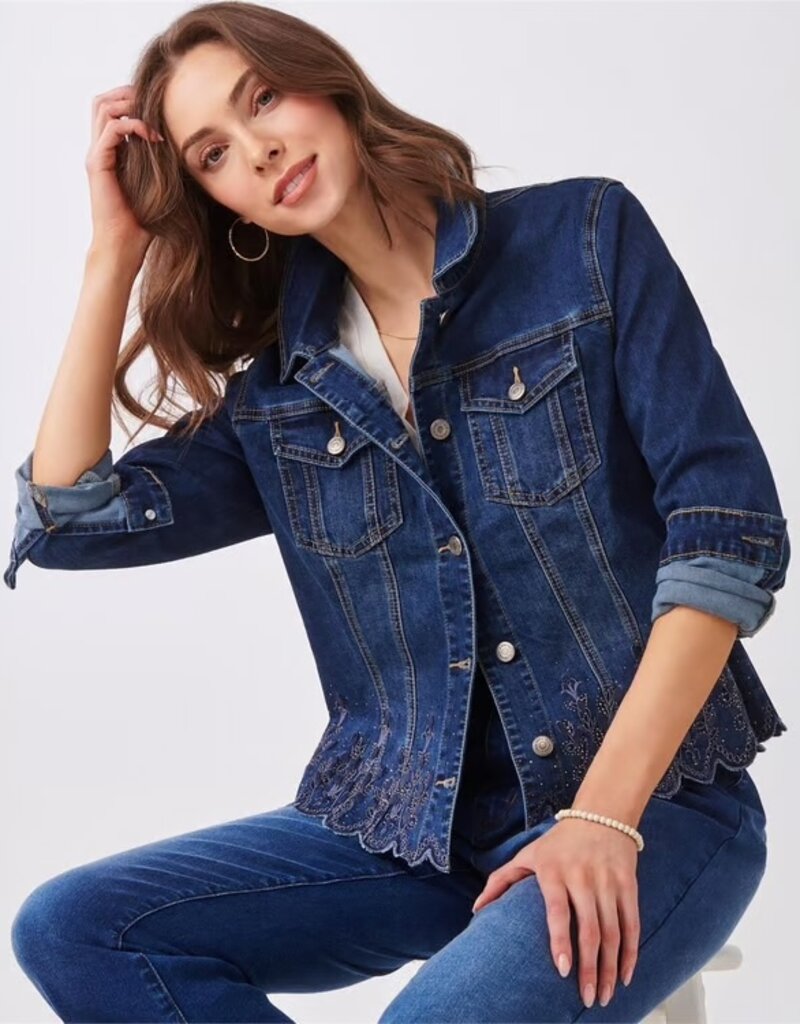CHARLIE PAIGE Denim Jacket W/Scalloped Embroidery Hem