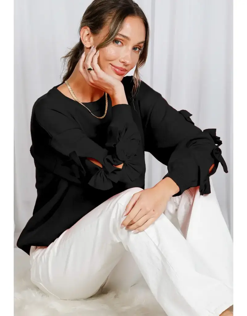 Bethany Knit Sweater W/Bow Embellished Sleeves