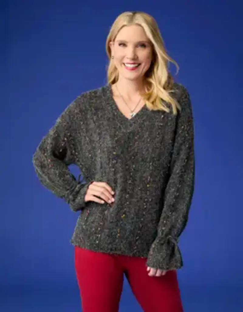 Mira Sequin Mini-Pom Tie-Sleeve Sweater
