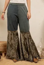Patchwork Denim Pant With Velvet Ruffle Flare Bottom
