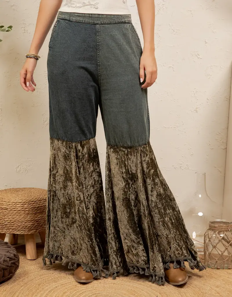 Patchwork Denim Pant With Velvet Ruffle Flare Bottom