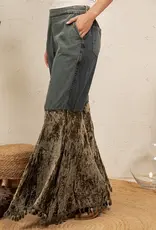 Patchwork Denim Pant With Velvet Ruffle Flare Bottom